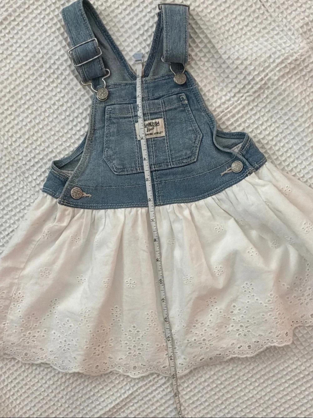 OshKosh B'gosh Light Blue Denim Overall Dress with White Eyelet Skirt